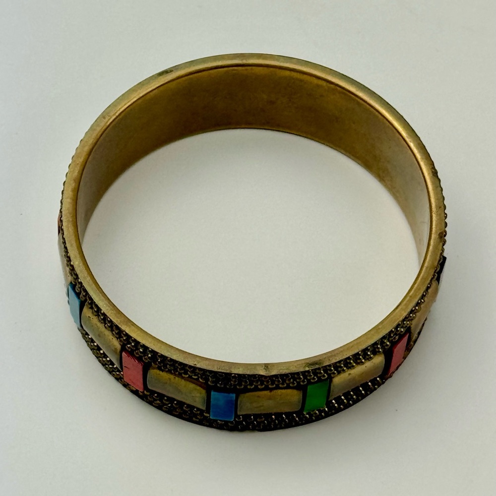 Unique Vintage 80s‎ - Early 90s Brass Colorful Beaded Thick Bangle Bracelet